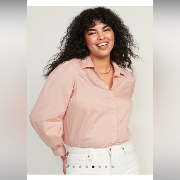 OLD NAVY Salmon Pink Long-Sleeve Smocked Cotton Poplin Button Down Blouse Shirt - Picture 6 of 13